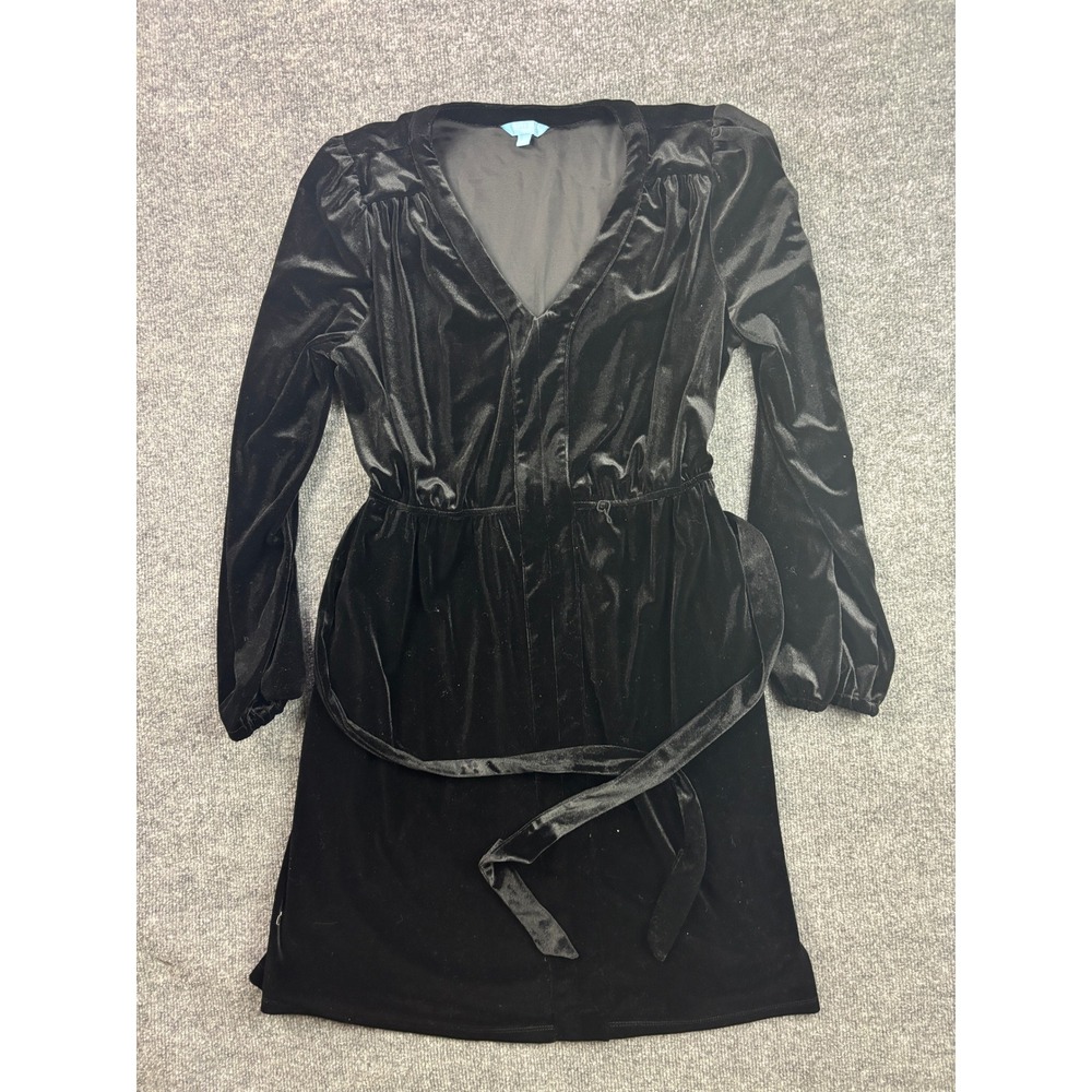 Draper James RSVP Velvet Dress Womens Large Black V-Neck Tie Waist Mini Pockets